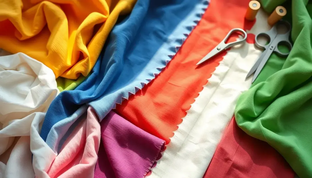 Various fabric swatches, including cotton, wool, polyester, and nylon, displayed on a craft table.