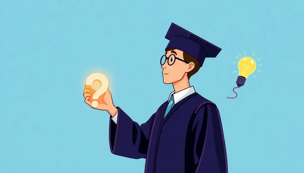 High school graduate holding a glowing question mark and light bulb, representing the power of critical thinking.