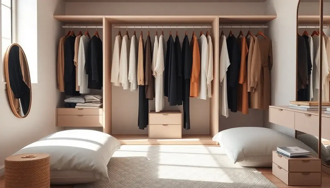 An elegant dressing room showcasing minimalist clothing pieces under natural light.