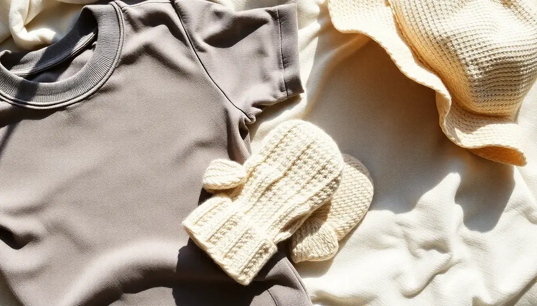 Cotton t-shirt, wool mittens, and linen hat: A natural fabric collection.