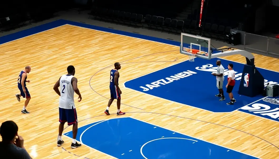 Players practicing on the basketball court, showcasing different positions.