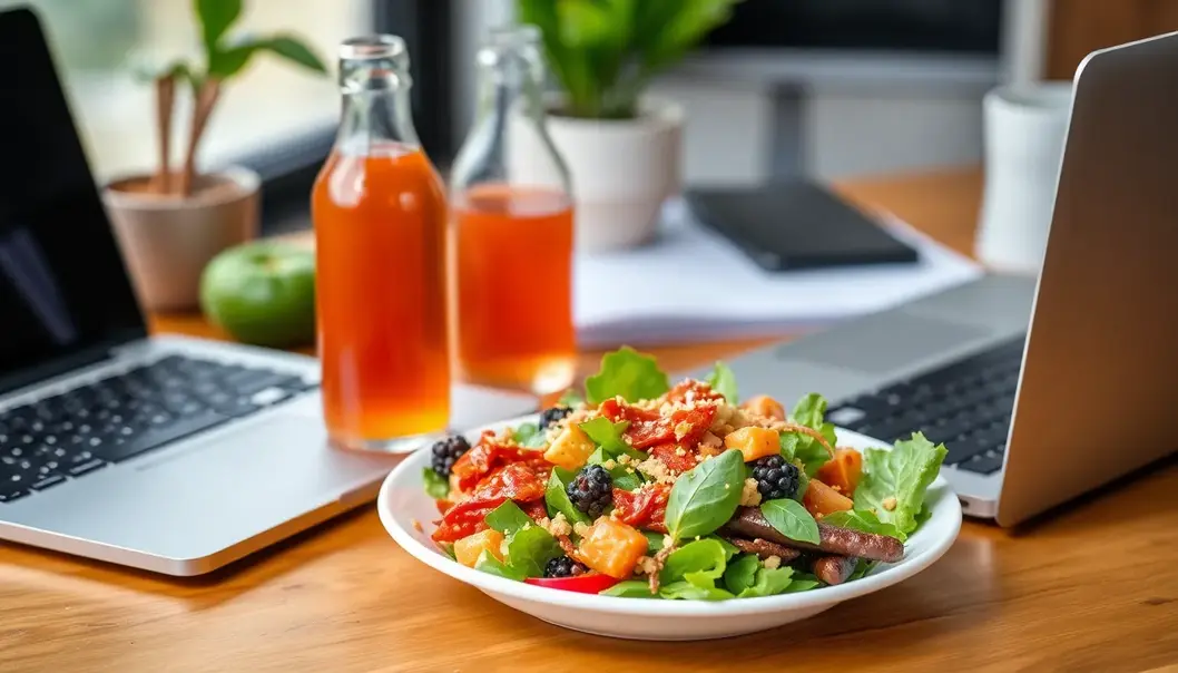 A laptop on a desk with a salad and kombucha, reflecting a professional's meal break.