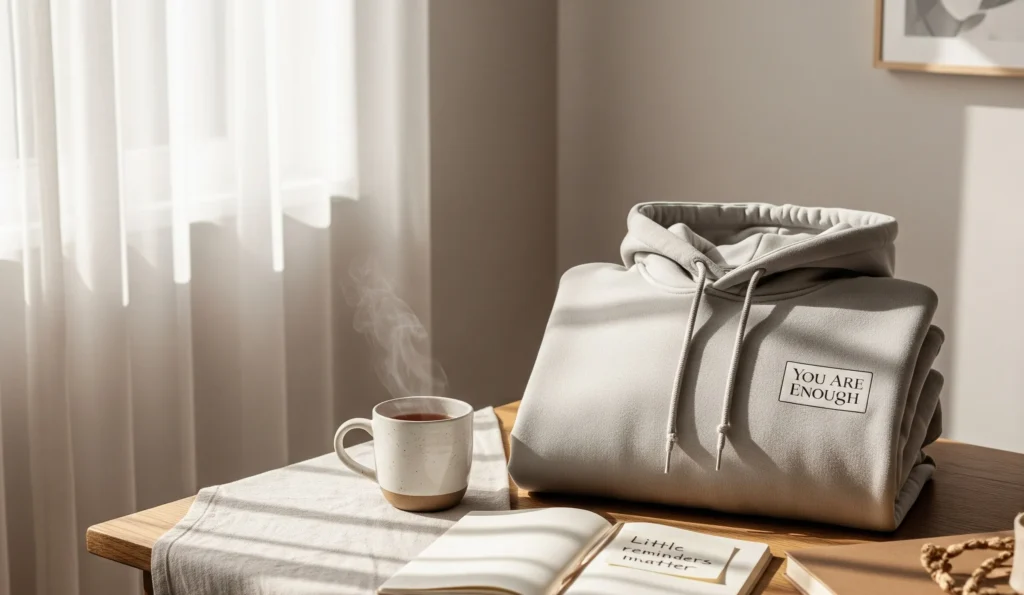 A soft, peaceful indoor scene in natural daylight. A cozy, minimalist room with neutral tones (cream, beige, soft grey). In the center of a wooden table lies a folded hoodie in light oatmeal color, featuring a small, simple chest print that reads "You Are Enough" in soft serif or handwritten font. 